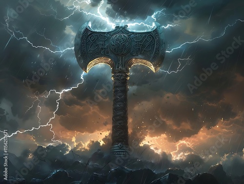 Mighty double-headed axe stands amidst a stormy, apocalyptic landscape. photo