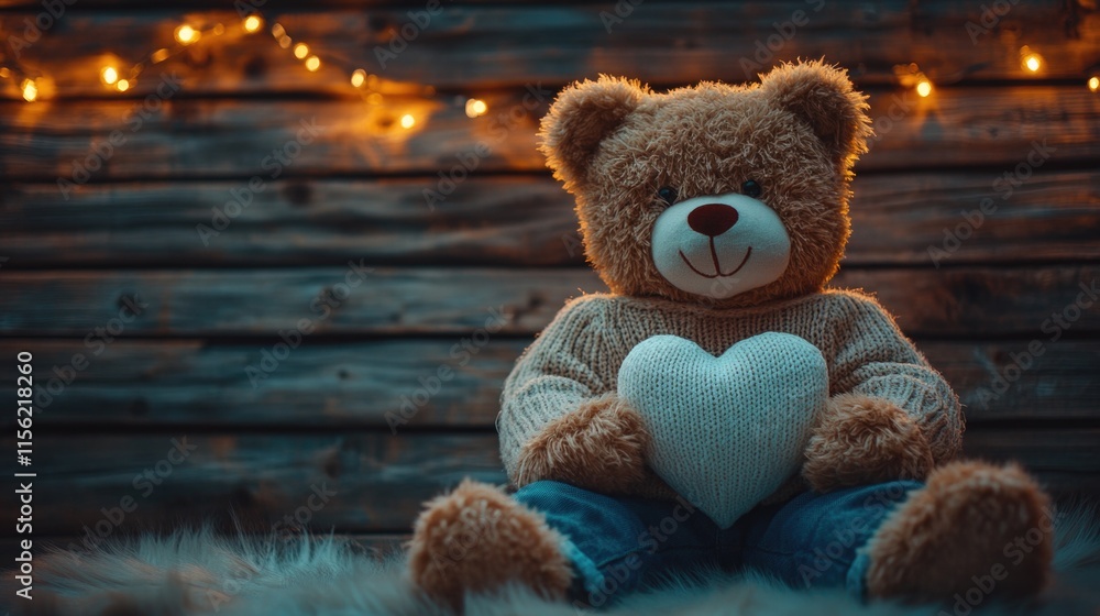 Obraz premium Cozy teddy bear with heart on wooden background with warm lights. The 14th of February. Happy Valentine's Day