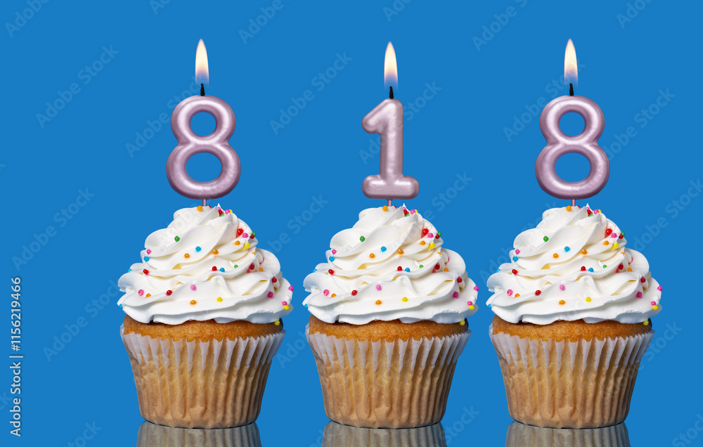 Birthday Cupcakes With Candles Lit Forming The Number 818