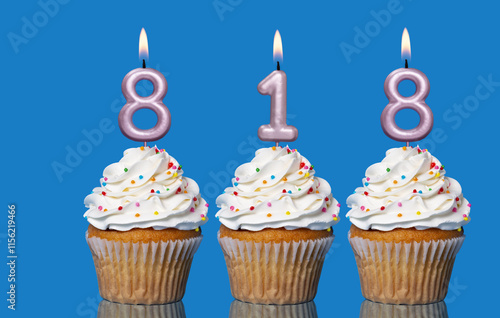 Birthday Cupcakes With Candles Lit Forming The Number 818