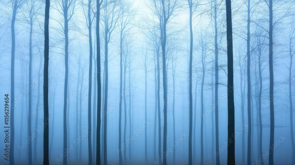 Fototapeta premium Mist forest concept. Misty forest landscape with tall trees and a serene blue atmosphere.