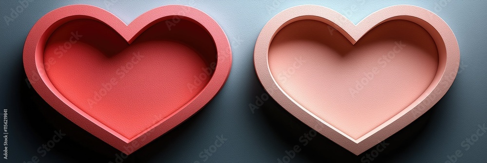 Two heart-shaped containers in red and light pink, symbolizing love or affection. Two heart-shaped containers in red and light pink, symbolizing love or affection.