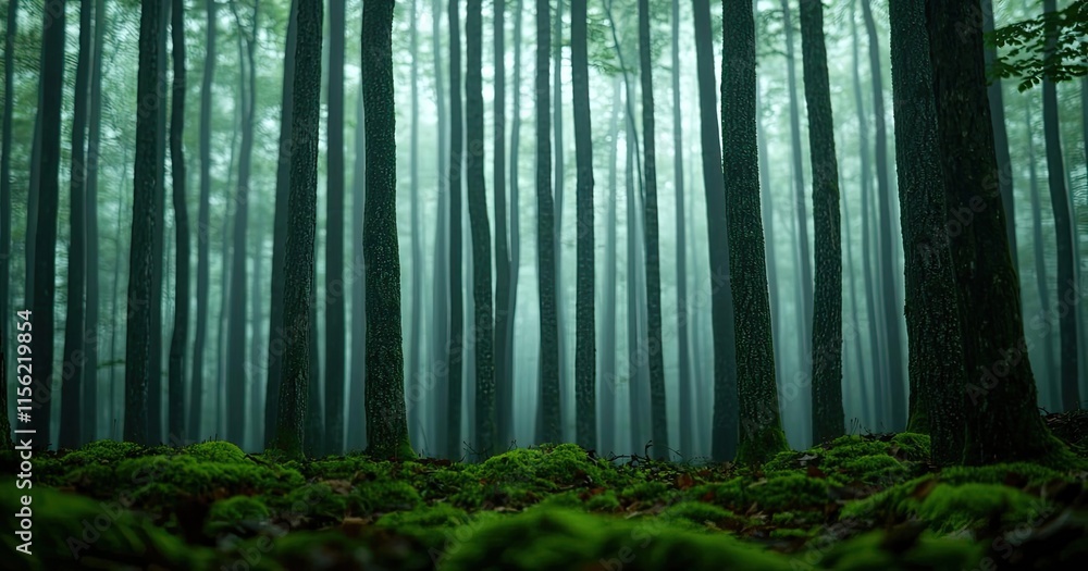 Mist forest concept. Mysterious forest with misty atmosphere and lush green moss covering the ground. Mist forest concept. Mysterious forest with misty atmosphere and lush green moss covering the ground.