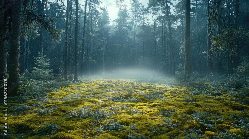 Obraz premium Mist forest concept. A tranquil forest scene with mist and vibrant moss covering the ground.