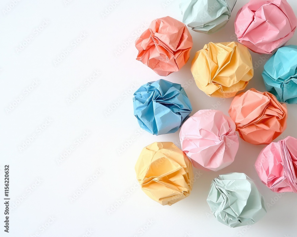Colorful crumpled paper balls arranged on a light background, showcasing creativity and artistic expression. Colorful crumpled paper balls arranged on a light background, showcasing creativity and artistic expression.
