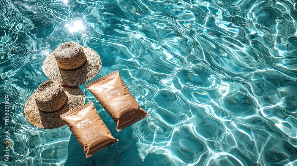 Two straw hats and two bags float in a shimmering pool, suggesting relaxation and leisure. Two straw hats and two bags float in a shimmering pool, suggesting relaxation and leisure.