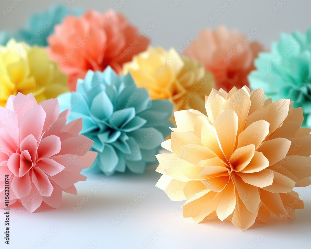 Obraz premium Colorful paper flowers in various pastel shades create a cheerful and vibrant display, perfect for decoration and crafts.
