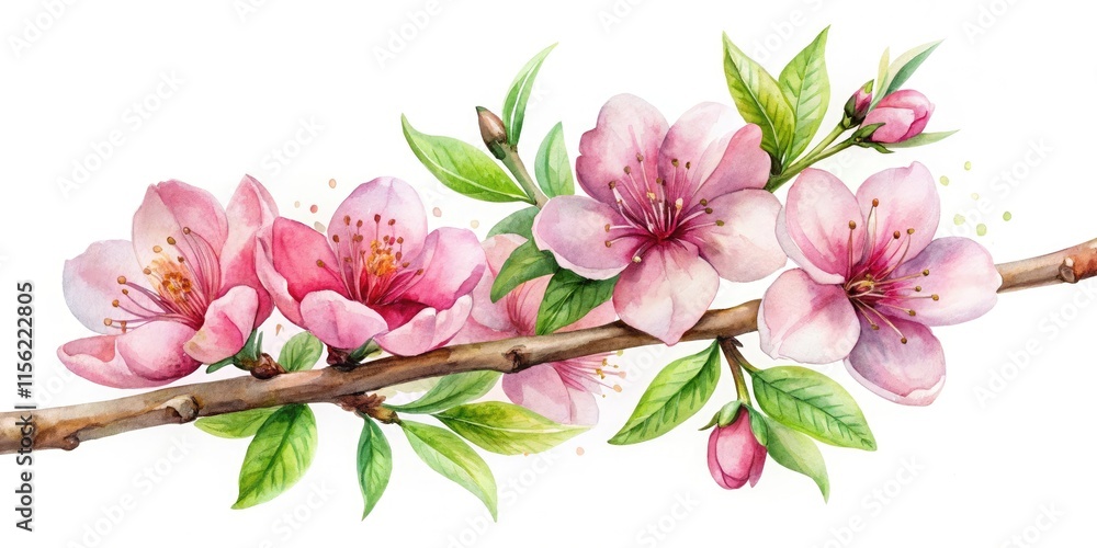 Obraz premium Watercolor Blossoming Flower on Branch, Tree Illustration