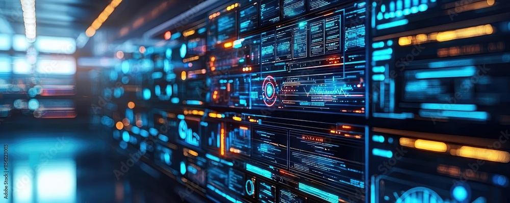 Naklejka premium Operate room concept. Futuristic data interface with vibrant visualizations and interactive elements.