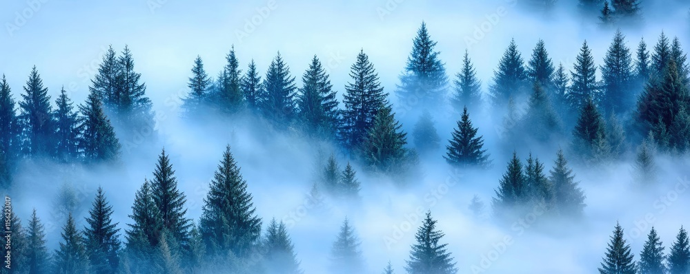 Obraz premium Mist forest concept. Serene forest landscape shrouded in mist, evoking a calm and tranquil atmosphere.