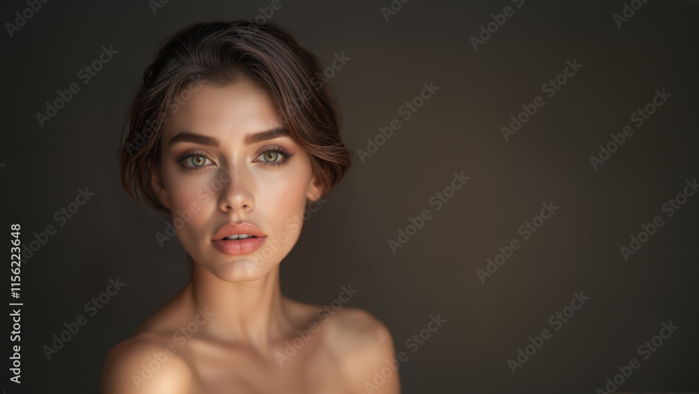 Portrait of a beautiful model with short brown hair and a flawless, radiant complexion. Bare shoulders. Copy space. Skin care and cosmetics. Portrait of a beautiful model with short brown hair and a flawless, radiant complexion. Bare shoulders. Copy space. Skin care and cosmetics.