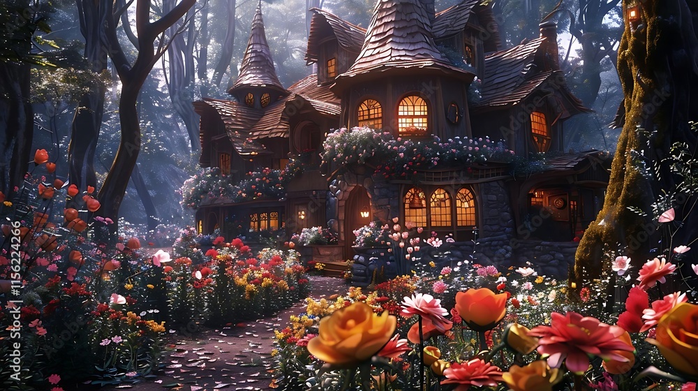 Fototapeta premium Enchanting fairytale house nestled in a lush forest garden, illuminated by warm lights.