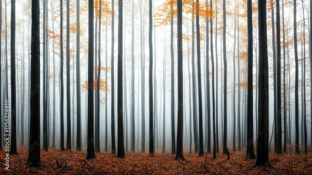 Mist forest concept. A serene forest scene with tall trees and an autumn mist enveloping the ground. Mist forest concept. A serene forest scene with tall trees and an autumn mist enveloping the ground.