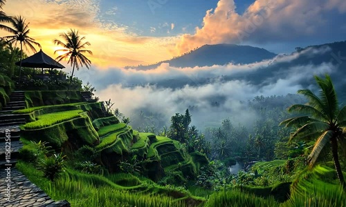 lenscape nature scene with greenery mountain and cloud background, seen above the clouds
 photo