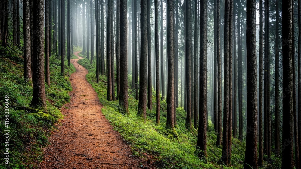Fototapeta premium Mist forest concept. A serene forest path weaving through tall trees, shrouded in mist and lush greenery.