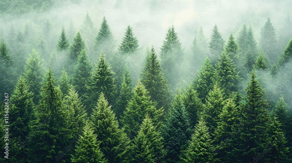 Fototapeta premium Mist forest concept. A serene forest landscape shrouded in mist, showcasing towering evergreen trees.