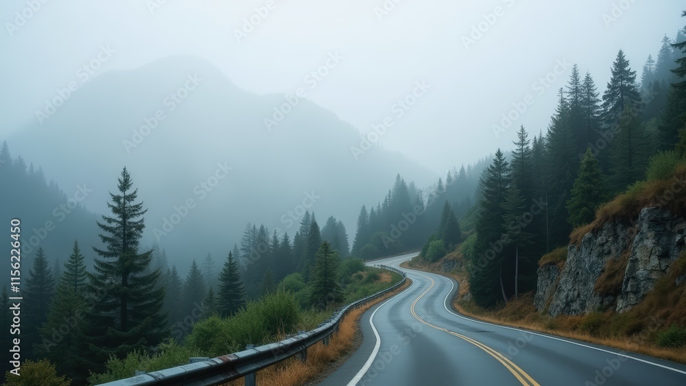 Misty Mountain Road: Scenic Drive Through a Foggy Forest Misty Mountain Road: Scenic Drive Through a Foggy Forest