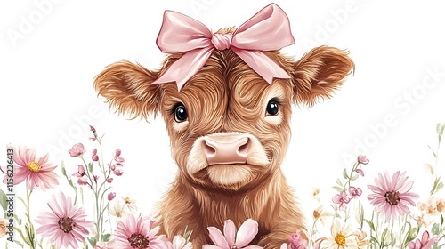 whimsical illustration featuring a cartoon style highland cow with a fluffy, light brown coat and large, expressive eyes, adorned with a large pink bow on its head, on a white background