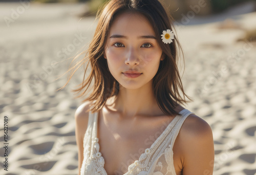 Asian Woman with White Flower in Hair at a Sandy Beach