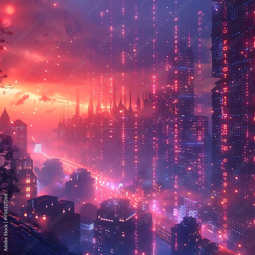 Fototapeta premium Futuristic city skyline at sunset, glowing buildings and digital rain.