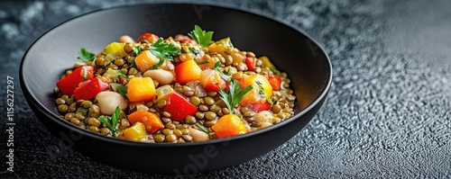 Vibrant vegetable concept. A vibrant lentil salad full of fresh vegetables and herbs in a stylish black bowl. photo