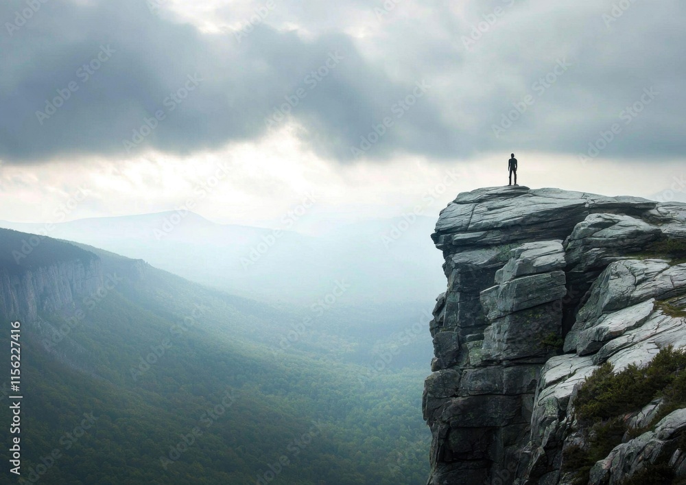 Fototapeta premium A solitary figure silhouette stands atop a rocky mountain.