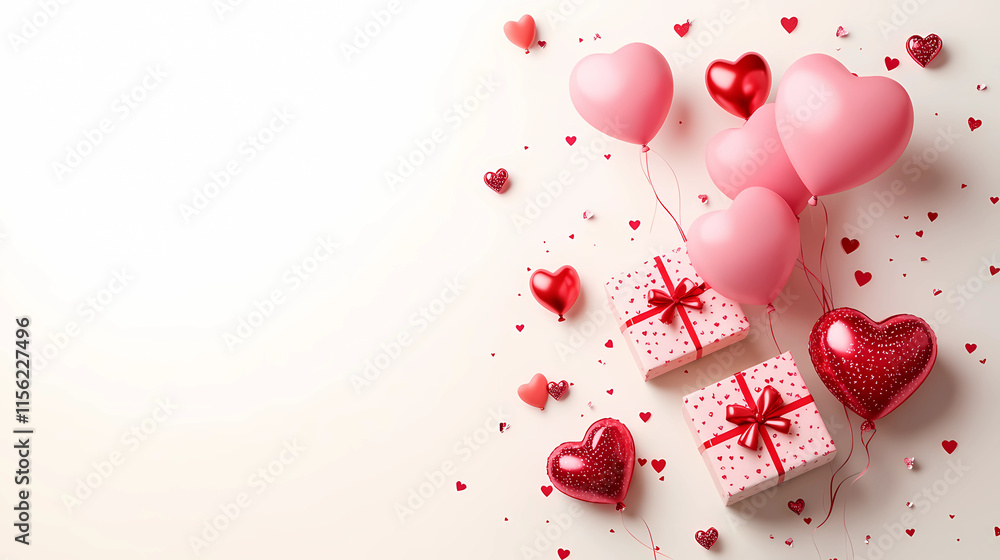 Valentine's Day banner template design with symbols of hearts, balloons, and gift boxes on a white background Valentine's Day banner template design with symbols of hearts, balloons, and gift boxes on a white background