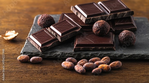 Rustic chocolate idea. Delicious dark chocolate bars and cocoa beans on a rustic wooden surface.