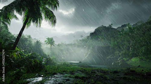 A dense tropical rainstorm unleashes heavy rain over a lush jungle landscape, creating a misty atmosphere that highlights the vibrant greenery and the raw beauty of nature in its wildest form.
 photo