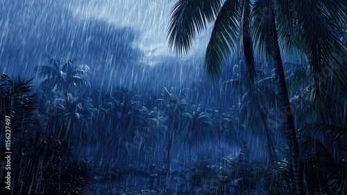 A dense tropical rainstorm unleashes heavy rain over a lush jungle landscape, creating a misty atmosphere that highlights the vibrant greenery and the raw beauty of nature in its wildest form.
 photo