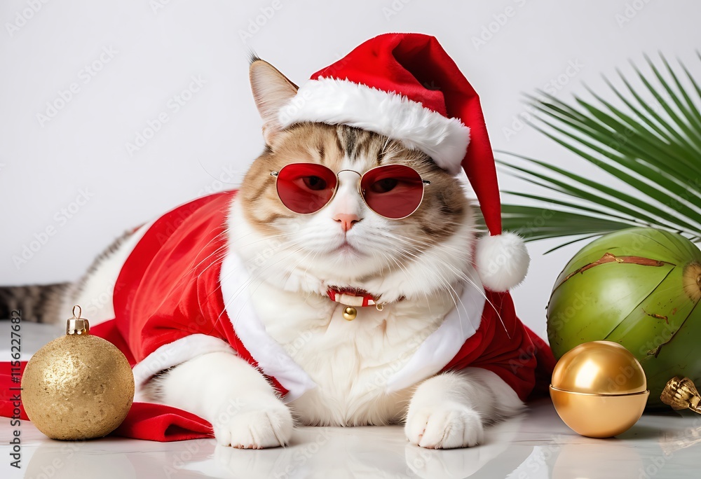 Playful Cat in Santa Suit with Sunglasses, Christmas and Tropical Theme Playful Cat in Santa Suit with Sunglasses, Christmas and Tropical Theme