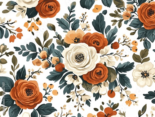 Autumnal Floral Pattern Featuring Roses and Berries