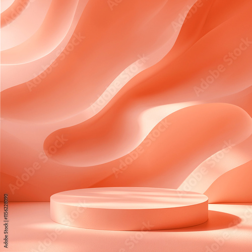 A frame orange color podium in the image's medium with an abstract wave pattern in the background. An ideal focal point for product presentation, branding displays, or luxury showcases. photo