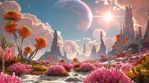 Alien planet landscape with vibrant flora, towering rock formations, and two celestial bodies in the sky.