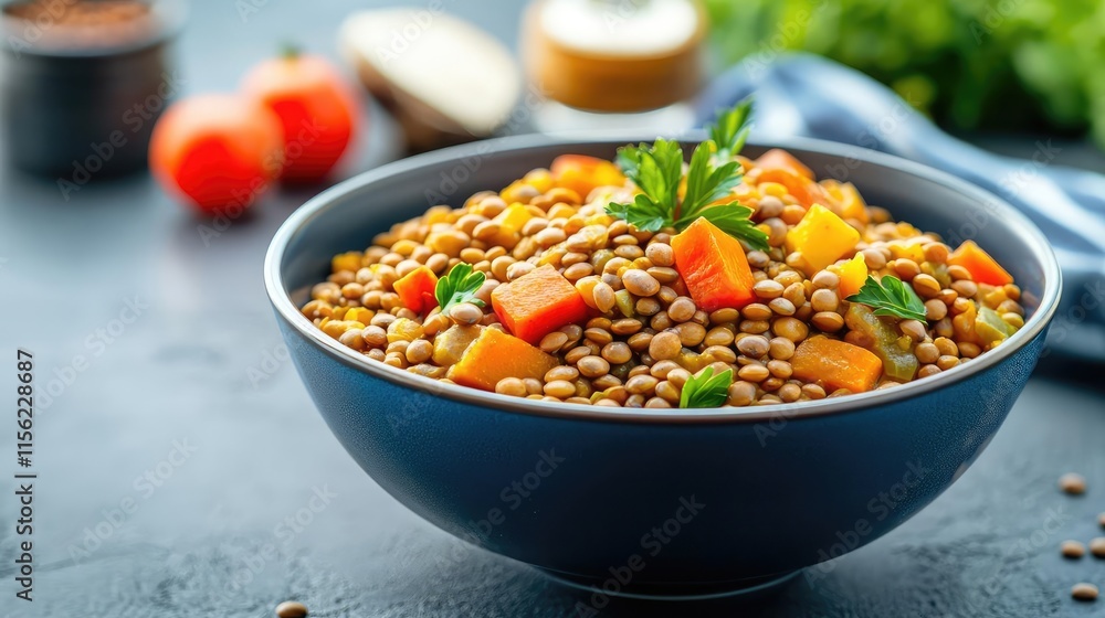 Vibrant vegetable concept. Colorful lentil salad with fresh vegetables and herbs in a stylish bowl. Vibrant vegetable concept. Colorful lentil salad with fresh vegetables and herbs in a stylish bowl.
