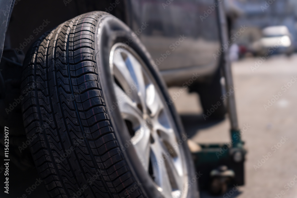 Close-Up of a Car Tire and Jack during a Wheel Replacement Close-Up of a Car Tire and Jack during a Wheel Replacement