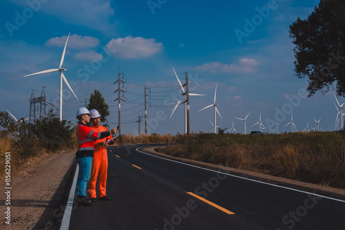 Engineer and technician are working together to plan wind turbine repairs and generator installations.