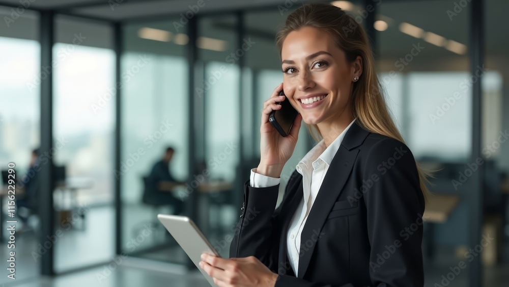 Businesswoman on phone with tablet in office Businesswoman on phone with tablet in office