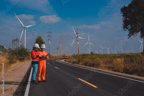 Engineer and technician are working together to plan wind turbine repairs and generator installations.