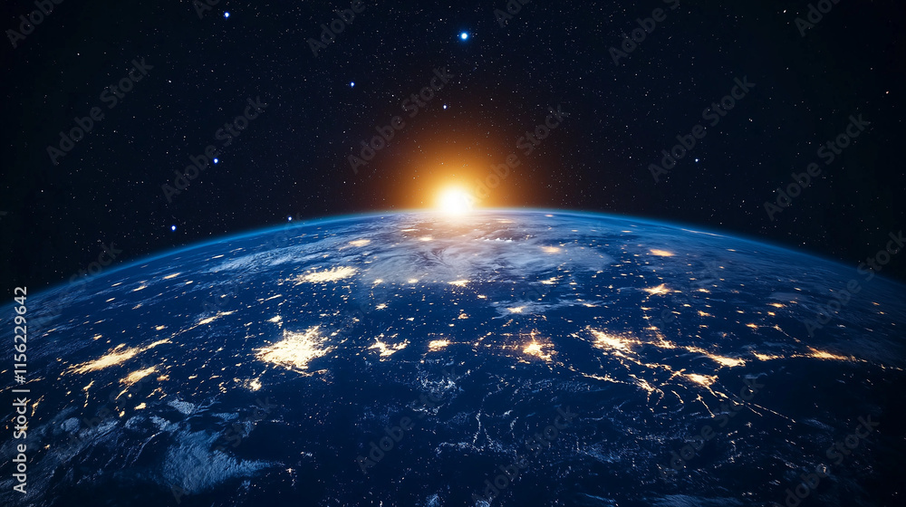 Fototapeta premium Earthrise: A breathtaking view of our planet, bathed in the golden glow of a rising sun, against the backdrop of a star-studded cosmos. This image evokes a sense of awe and wonder.