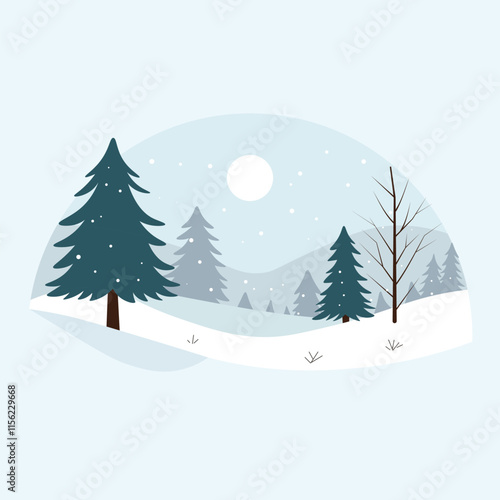 This image depicts a serene winter landscape featuring several evergreen trees and a bare tree on a snow-covered ground. The background includes a range of hills and more trees, all under a pale blue 