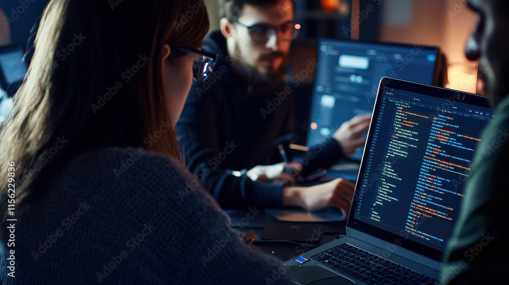 A digital marketing team collaborating on laptops, focused on their work, with a large screen displaying website analytics, showcasing teamwork and data-driven decision-making. A digital marketing team collaborating on laptops, focused on their work, with a large screen displaying website analytics, showcasing teamwork and data-driven decision-making.