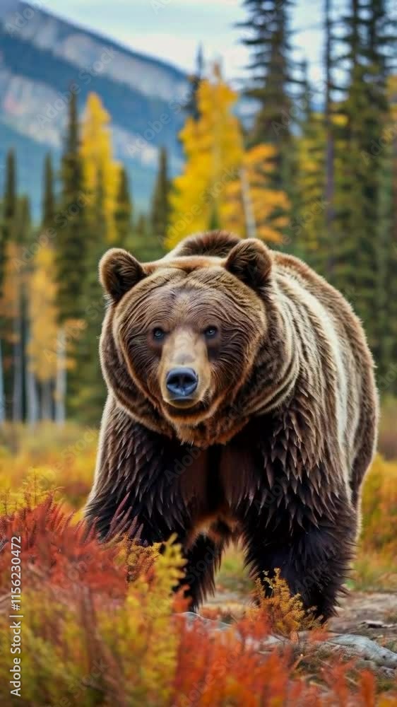 A close-up of a brown bear in a colorful autumn forest setting. A close-up of a brown bear in a colorful autumn forest setting.