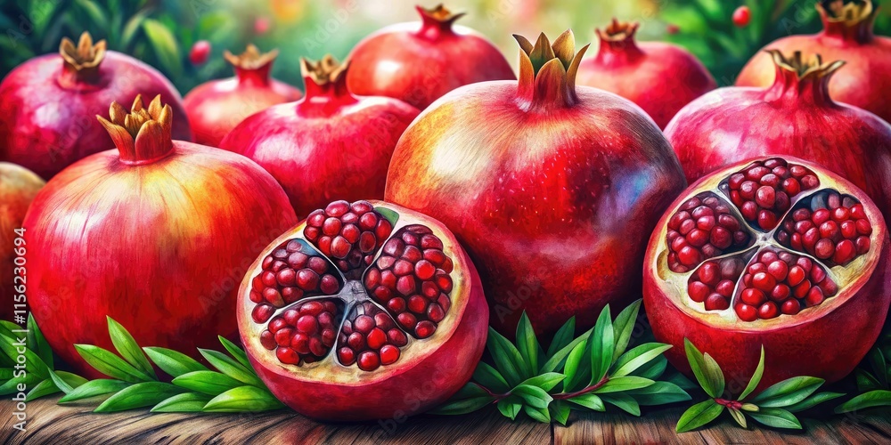 Watercolor Red Pomegranates, High Depth of Field, Still Life, Art Watercolor Red Pomegranates, High Depth of Field, Still Life, Art