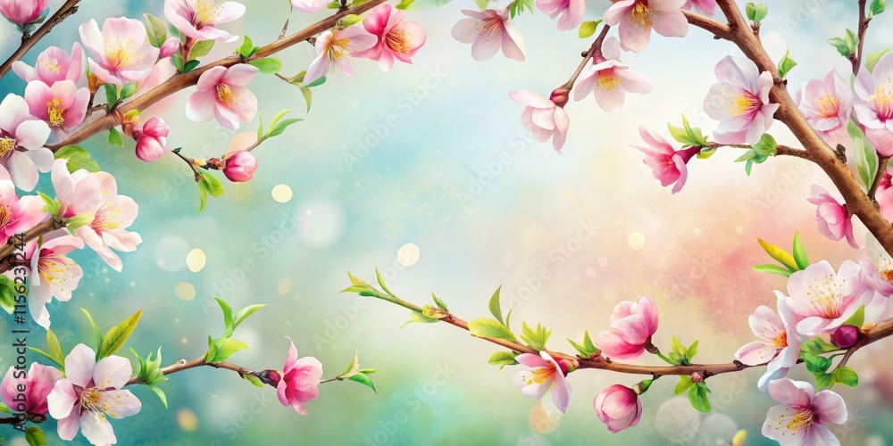 Fototapeta premium Watercolor Spring Frame, Tree Branch, Flowers, White Background, AI Photo