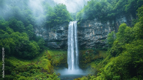 A serene waterfall surrounded by lush greenery and misty mountains.