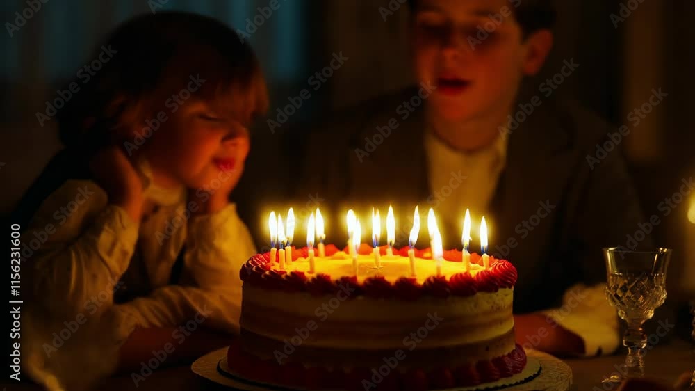 Children gathering near birthday cake, leaning forward with wide smiles, preparing to blow out glowing candles together during intimate family celebration Children gathering near birthday cake, leaning forward with wide smiles, preparing to blow out glowing candles together during intimate family celebration