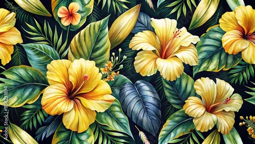Wallpaper Mural Watercolor Tropical Floral  Pattern - Night Photography Torontodigital.ca