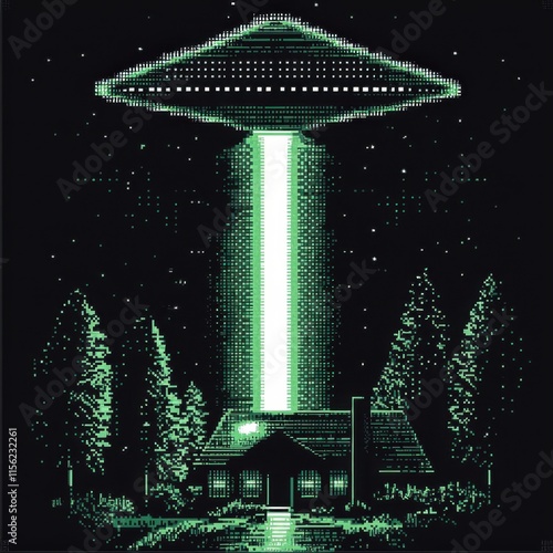 Creative pixel art of an alien spaceship illuminating a home. photo