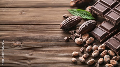 Rustic chocolate idea. Delicious chocolate bar with cocoa beans and fresh leaves on wooden background. photo